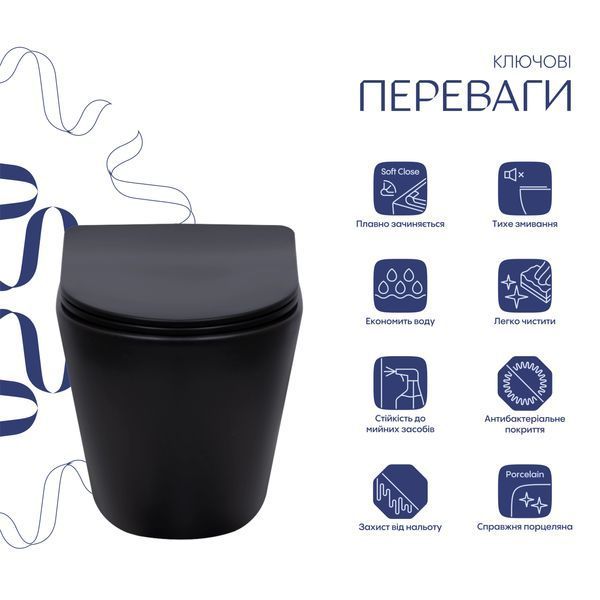 Унітаз підвісний Qtap Scorpio Ultra Quiet безобідковий з сидінням Soft-close MATT BLACK QT14332380AMB QT14332380AMB фото
