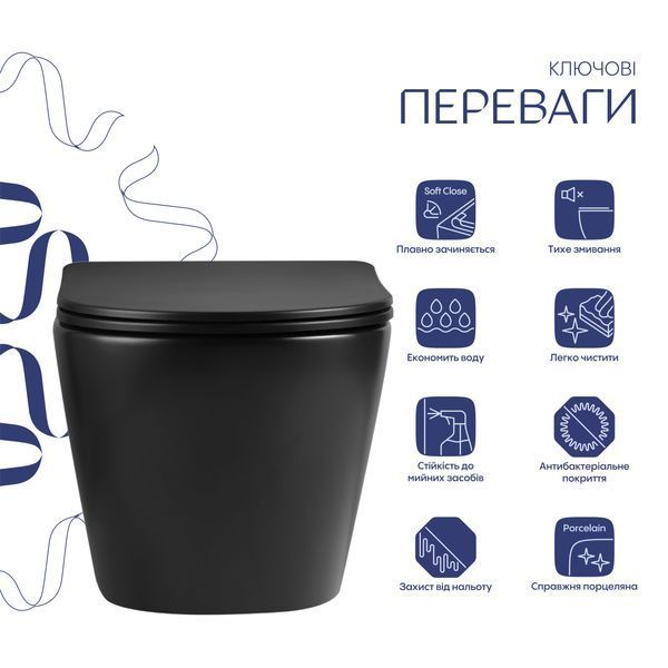 Унітаз підвісний Qtap Jay Ultra Quiet 485х360х320 мм, Matt Black, сидінням Slim Duroplast/ Soft-close/ Quick Relase QT07335177MB QT07335177MB фото