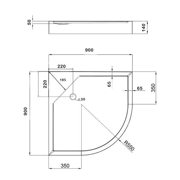 Душовий піддон Kapielka ST90x90x14 низький, напівкруглий, діаметр зливу 52 мм Lidz LKAST909014R фото